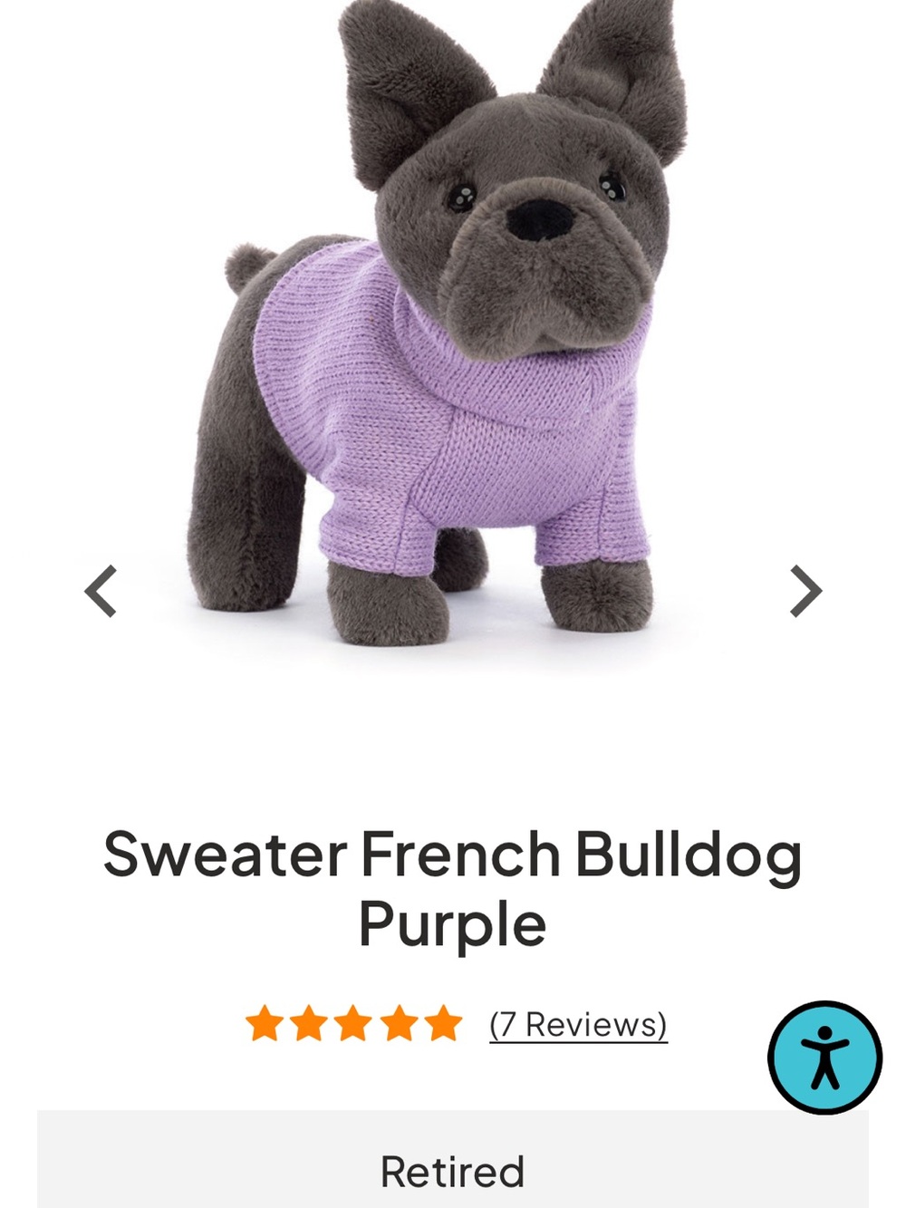 Jellycat Plush Frenchy Dog in Lavender Sweater